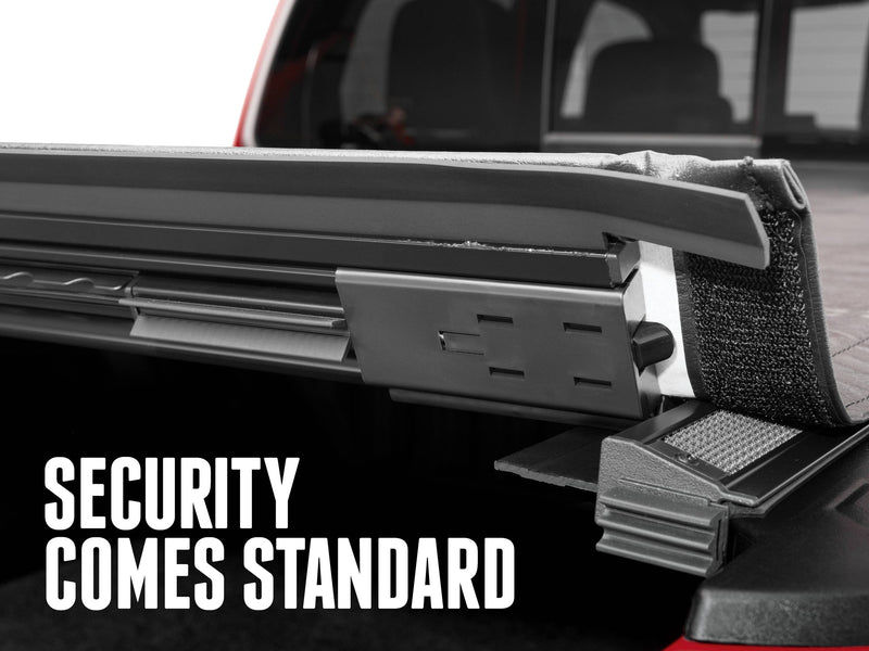 Close-up of a Sentry slat locking into the side rail catch, with the text Security comes standard