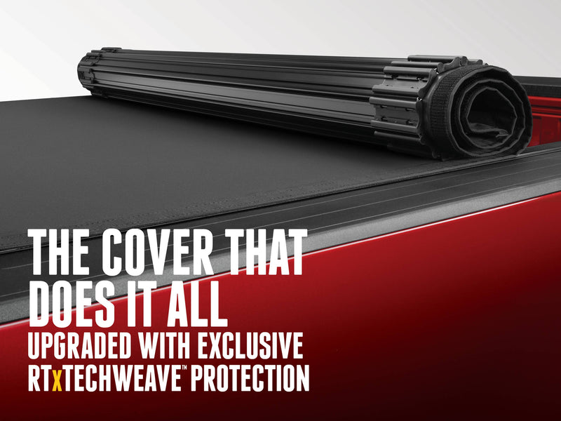 Sentry CT rolled up over the bed rail, with the text The cover that does it all, upgraded with RTxTechWeave protection