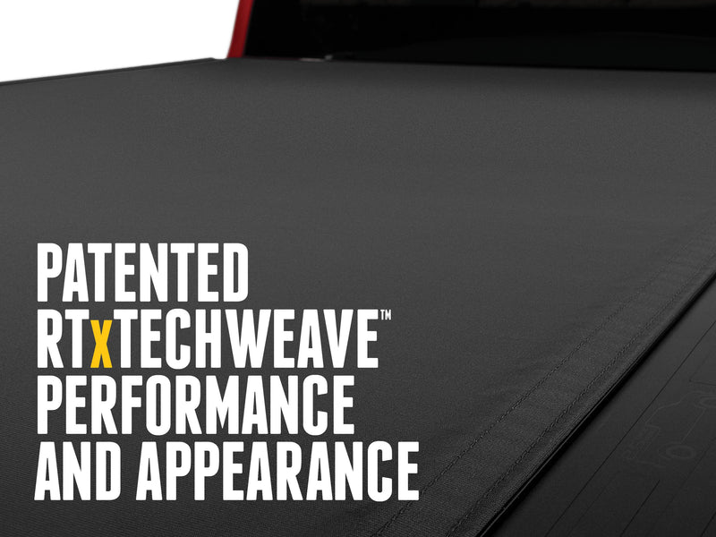 Close-up of the matte black RTxTechWeave canvas top, with the text Patented RTxTechWeave performance and appearance