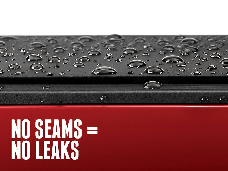Water beading on the closed Sentry CT and its side rail, with the text No seams equals no leaks