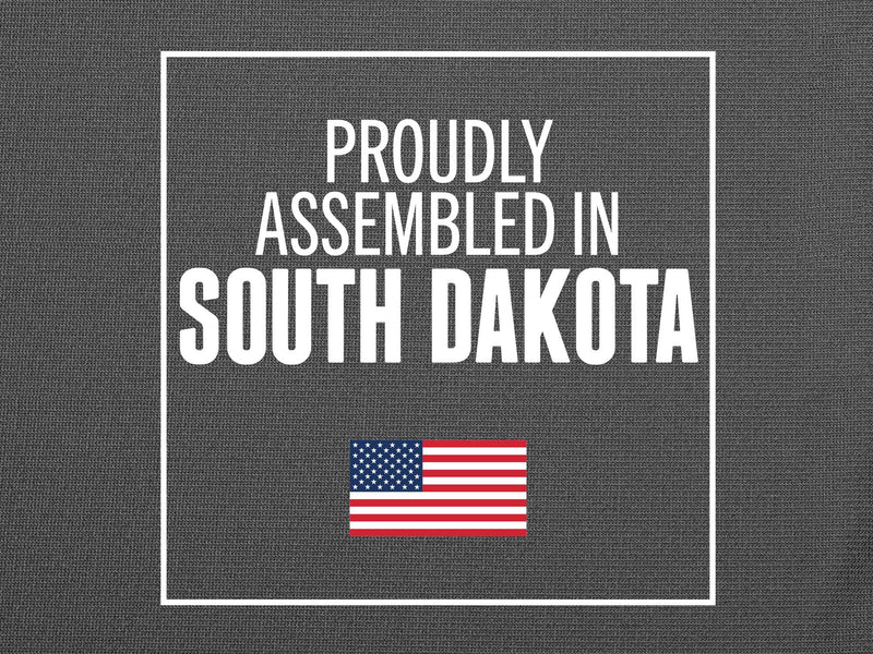 Gray canvas panel with a US flag and the text Proudly assembled in South Dakota