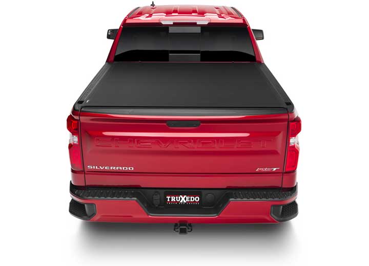 TruXedo Sentry CT hard roll-up tonneau cover closed over the bed of a pickup truck, straight rear view
