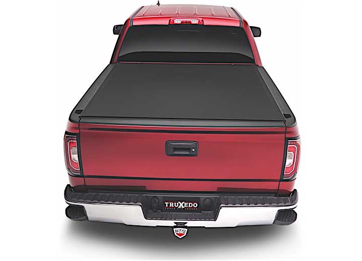 TruXedo Sentry CT hard roll-up tonneau cover closed over the bed of a pickup truck, straight rear view