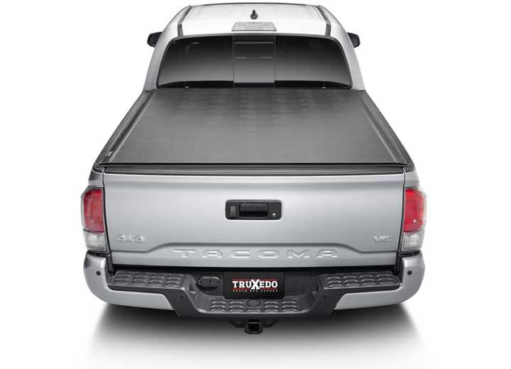 TruXedo Sentry hard roll-up tonneau cover closed on a 2016-2023 Toyota Tacoma, straight rear view