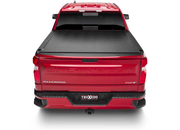 TruXedo Sentry hard roll-up tonneau cover closed on a 2019-2024 Chevrolet Silverado 1500, straight rear view