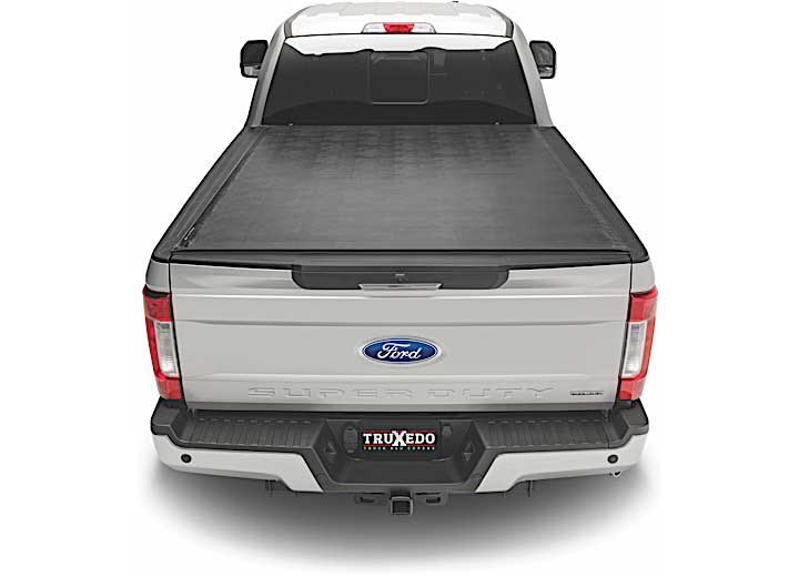 TruXedo Sentry hard roll-up tonneau cover closed over the bed of a pickup truck, straight rear view