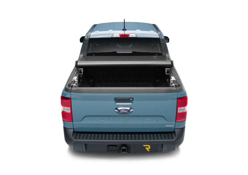 TruXedo TruXport soft roll-up tonneau cover rolled partway open on a 2022-2024 Ford Maverick, straight rear view