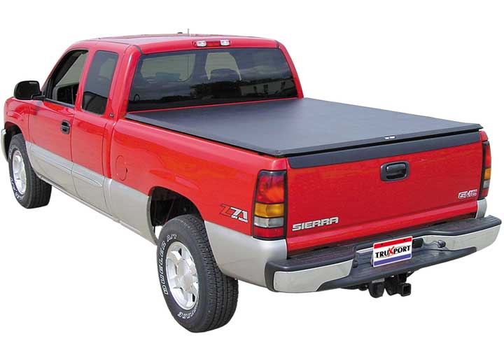 TruXedo TruXport soft roll-up tonneau cover closed over the bed of a pickup truck, widest view