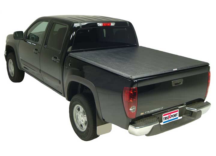 TruXedo TruXport soft roll-up tonneau cover closed over the bed of a pickup truck, rear three-quarter view