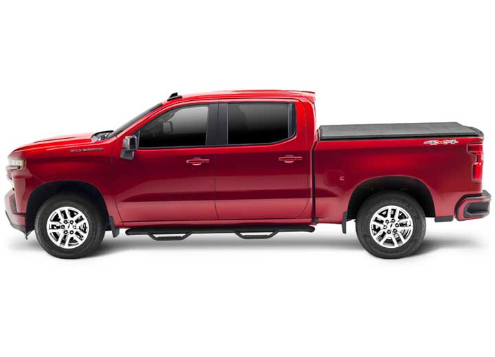 TruXedo TruXport soft roll-up tonneau cover closed over the bed of a pickup truck, side profile