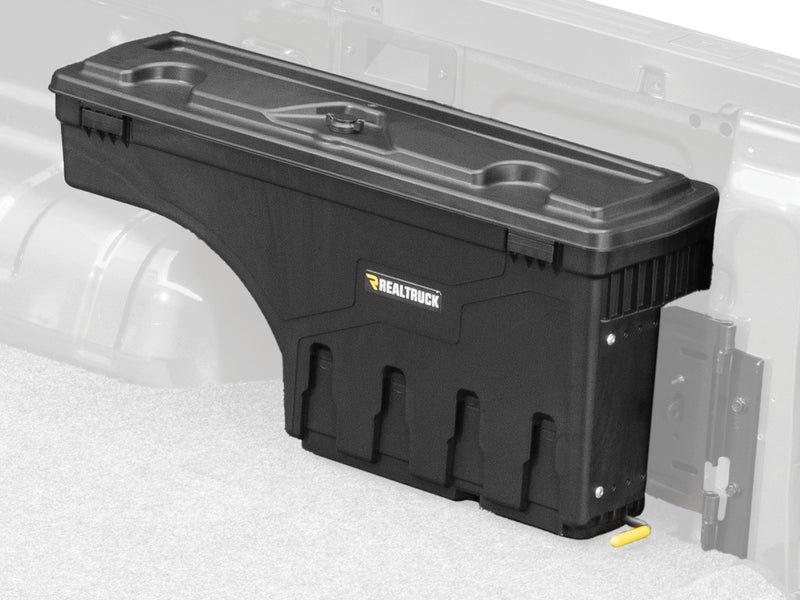 UnderCover SwingCase truck bed toolbox shown in full profile against a ghosted bed outline, lid closed, pivot bracket at the rear
