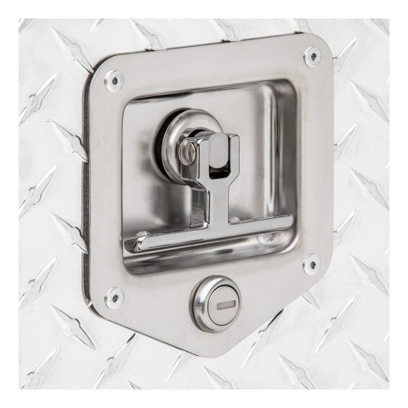Close detail of the recessed stainless T-handle and key lock on the UWS 18" Drawer Truck Tool Box, Bright Aluminum