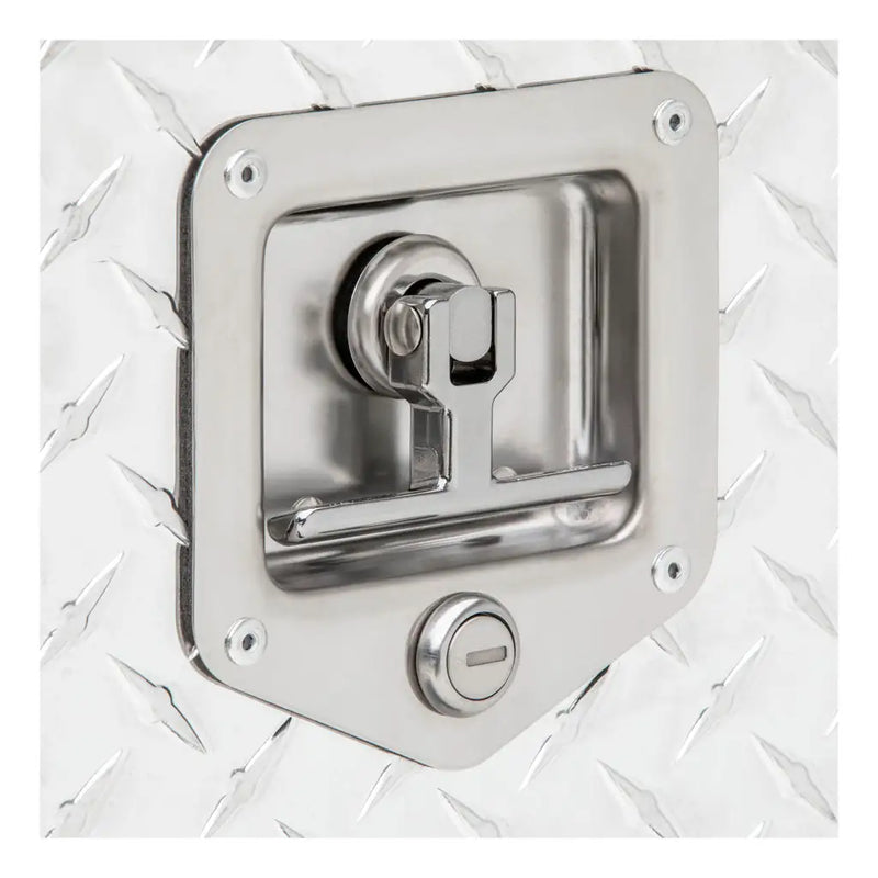 Close detail of the recessed stainless T-handle and key lock on the UWS 22" Drawer Truck Tool Box, Bright Aluminum