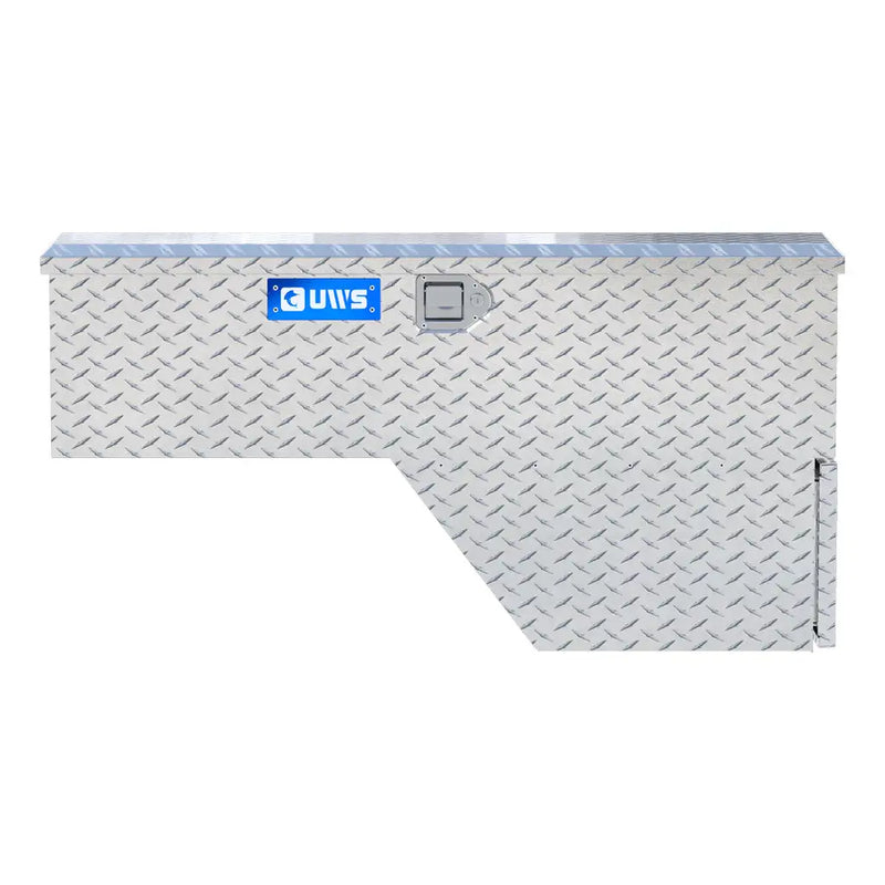 UWS 48" Driver-Side Wheel Well Truck Tool Box with Drawers, Bright Aluminum, end-on elevation showing the depth of the body and the lid edge
