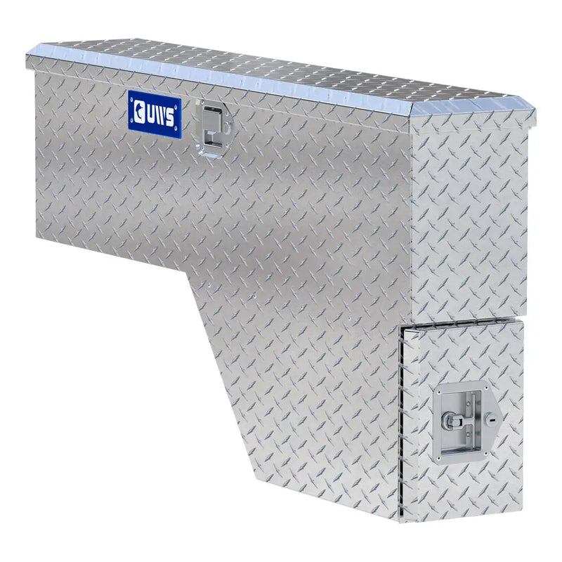 UWS 48" Driver-Side Wheel Well Truck Tool Box with Drawers, Bright Aluminum, front three-quarter studio view
