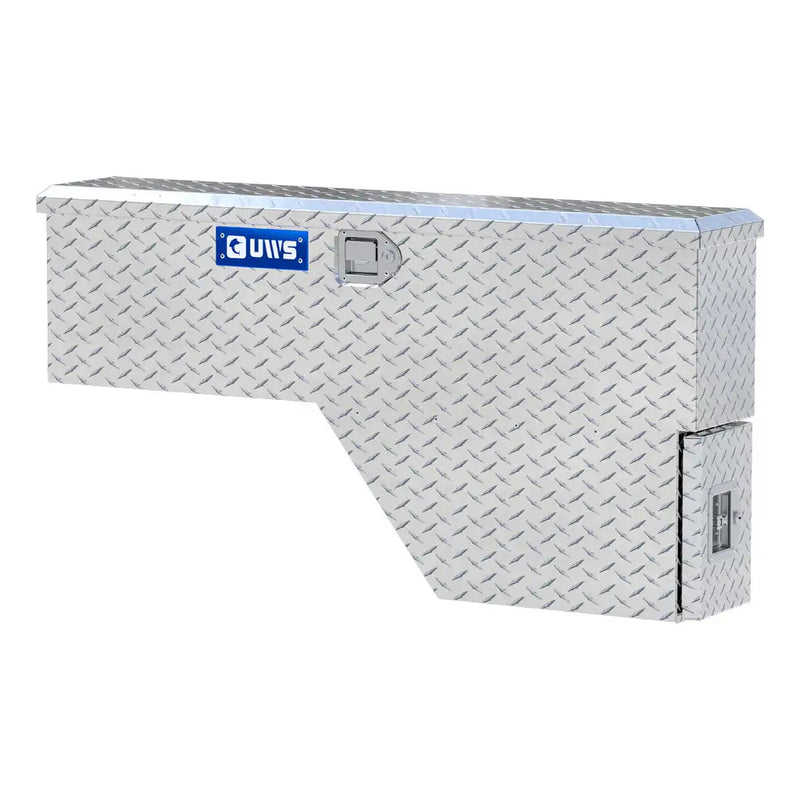 UWS 48" Driver-Side Wheel Well Truck Tool Box with Drawers, Bright Aluminum, rear three-quarter view