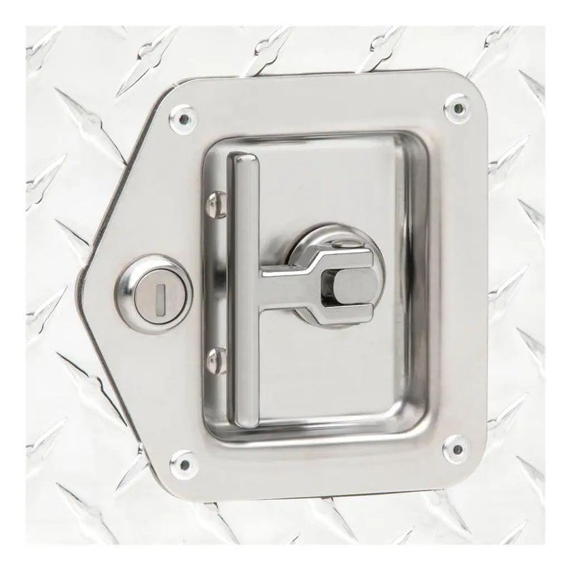 Close detail of the recessed stainless T-handle and key lock on the UWS 48" Driver-Side Wheel Well Truck Tool Box with Drawers, Bright Aluminum