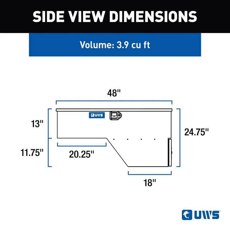 UWS 48" Driver-Side Wheel Well Truck Tool Box with Drawers, Gloss Black side-view dimension drawing with measurements and volume callout