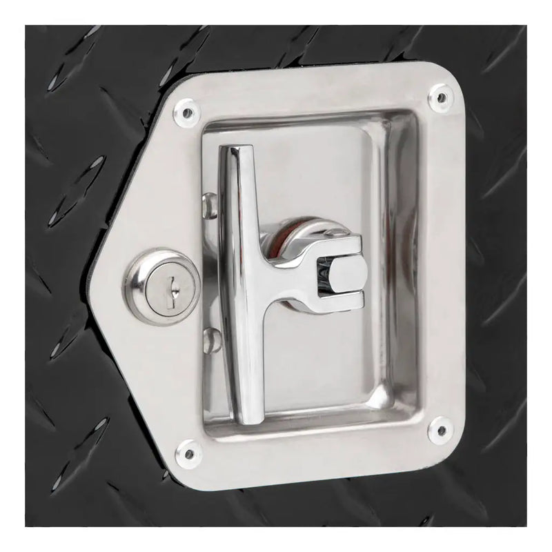 Close detail of the recessed stainless T-handle and key lock on the UWS 48" Driver-Side Wheel Well Truck Tool Box with Drawers, Gloss Black