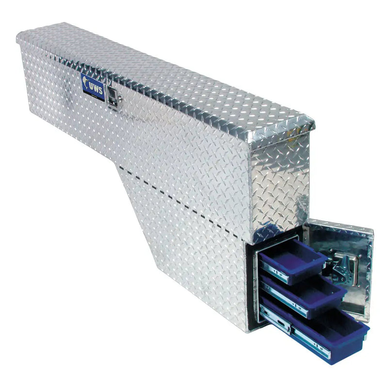 UWS 48" Passenger-Side Wheel Well Truck Tool Box with Drawers, Bright Aluminum with the lower drawer bay open, showing the three sliding drawers