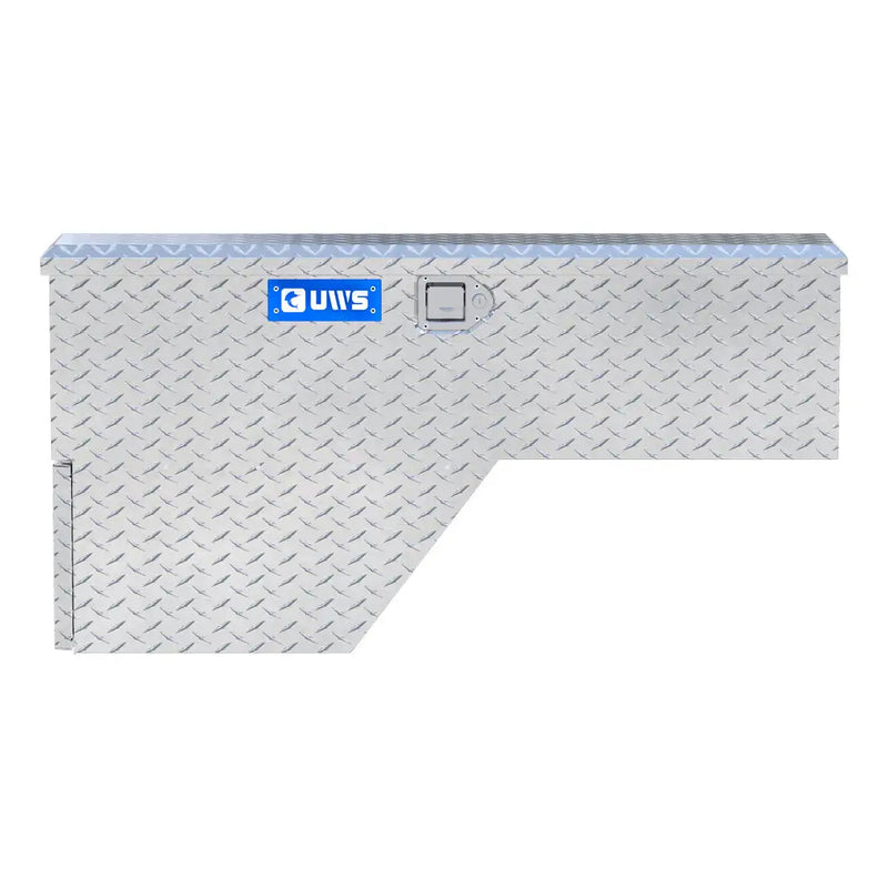 UWS 48" Passenger-Side Wheel Well Truck Tool Box with Drawers, Bright Aluminum, end-on elevation showing the depth of the body and the lid edge
