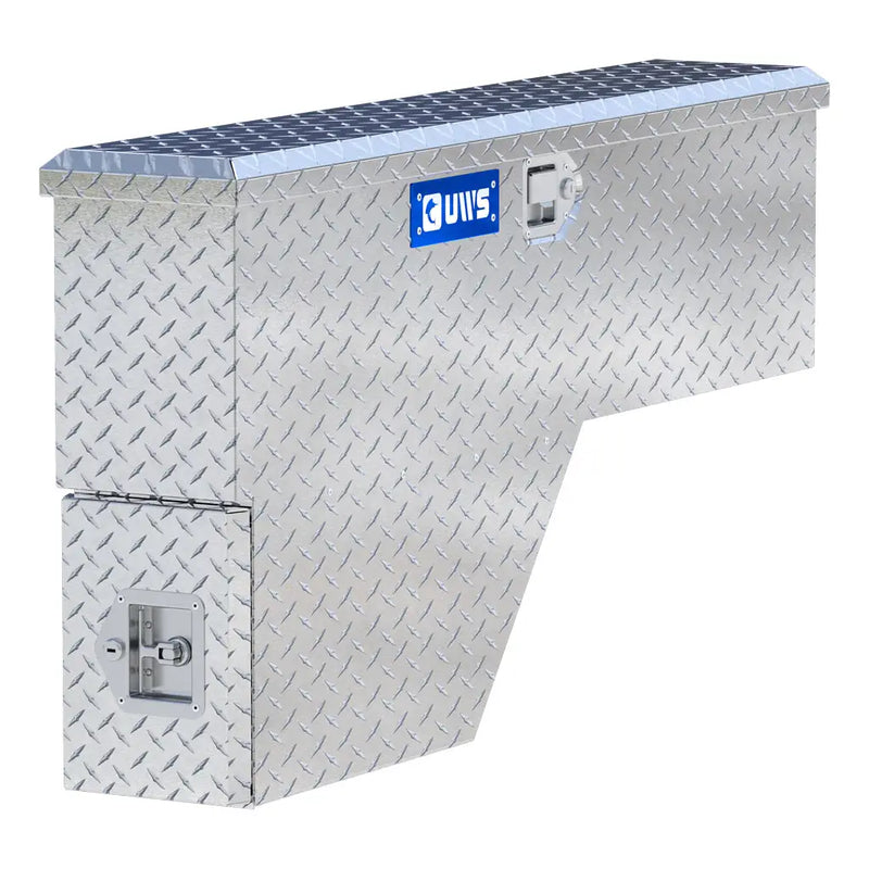 UWS 48" Passenger-Side Wheel Well Truck Tool Box with Drawers, Bright Aluminum, front three-quarter studio view