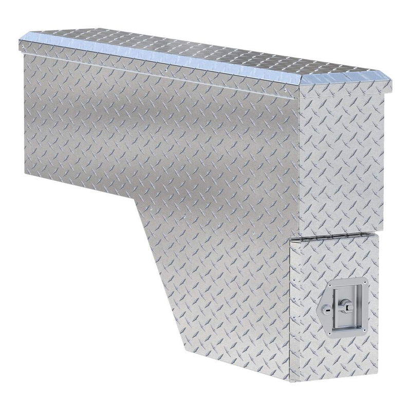 UWS 48" Passenger-Side Wheel Well Truck Tool Box with Drawers, Bright Aluminum, three-quarter view from the opposite side