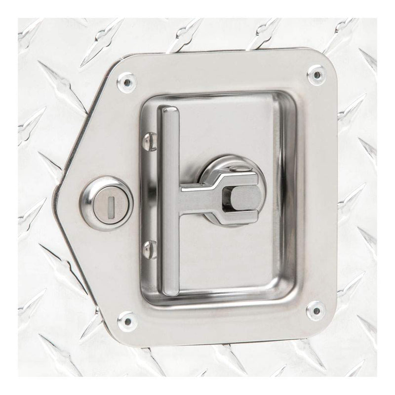 Close detail of the recessed stainless T-handle and key lock on the UWS 48" Passenger-Side Wheel Well Truck Tool Box with Drawers, Bright Aluminum