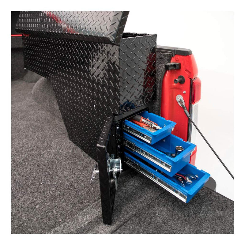 UWS 48" Passenger-Side Wheel Well Truck Tool Box with Drawers, Gloss Black mounted in a truck bed with its drawers slid open and loaded with tools