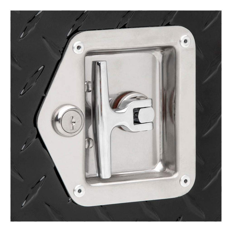 Close detail of the recessed stainless T-handle and key lock on the UWS 48" Passenger-Side Wheel Well Truck Tool Box with Drawers, Gloss Black