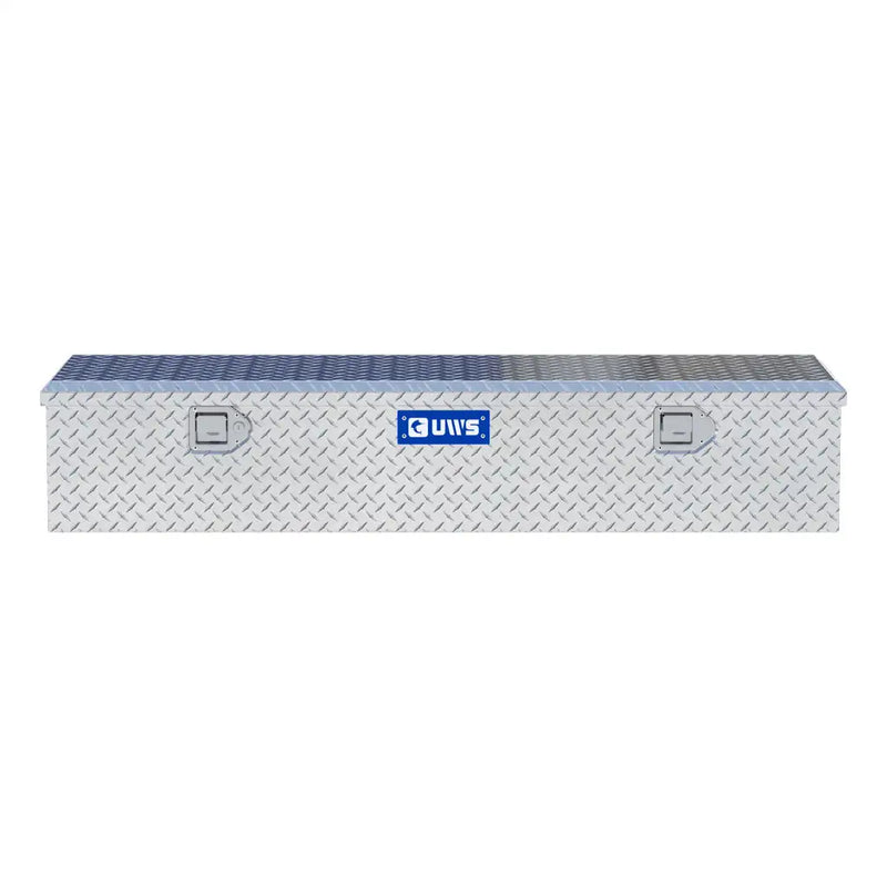 UWS 58" 5th Wheel Truck Tool Box, Bright Aluminum, straight-on front elevation showing the handle and UWS badge
