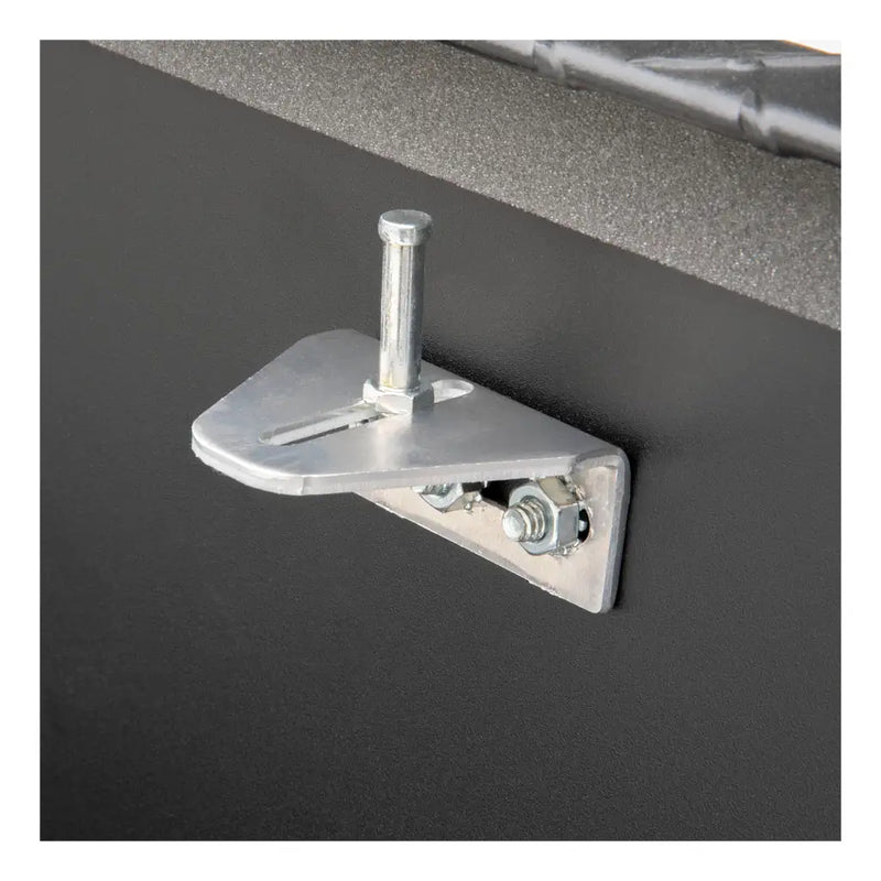 Close detail of the mounting bracket and hardware supplied with the UWS 58" 5th Wheel Truck Tool Box, Matte Black