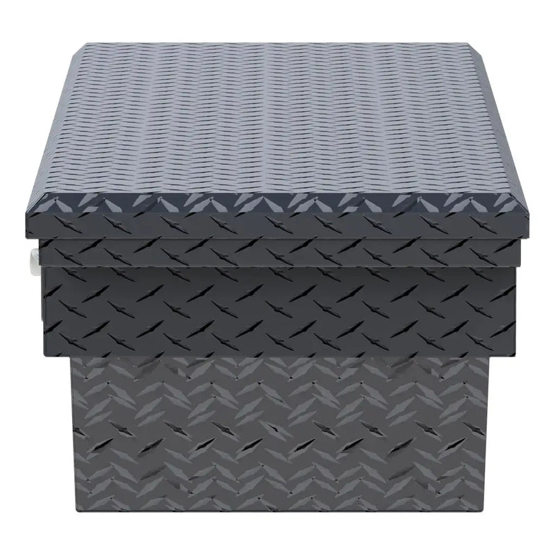 UWS 63" Secure Lock Angled Crossover Truck Tool Box, Low Profile, Matte Black, end-on elevation showing the depth of the body and the lid edge