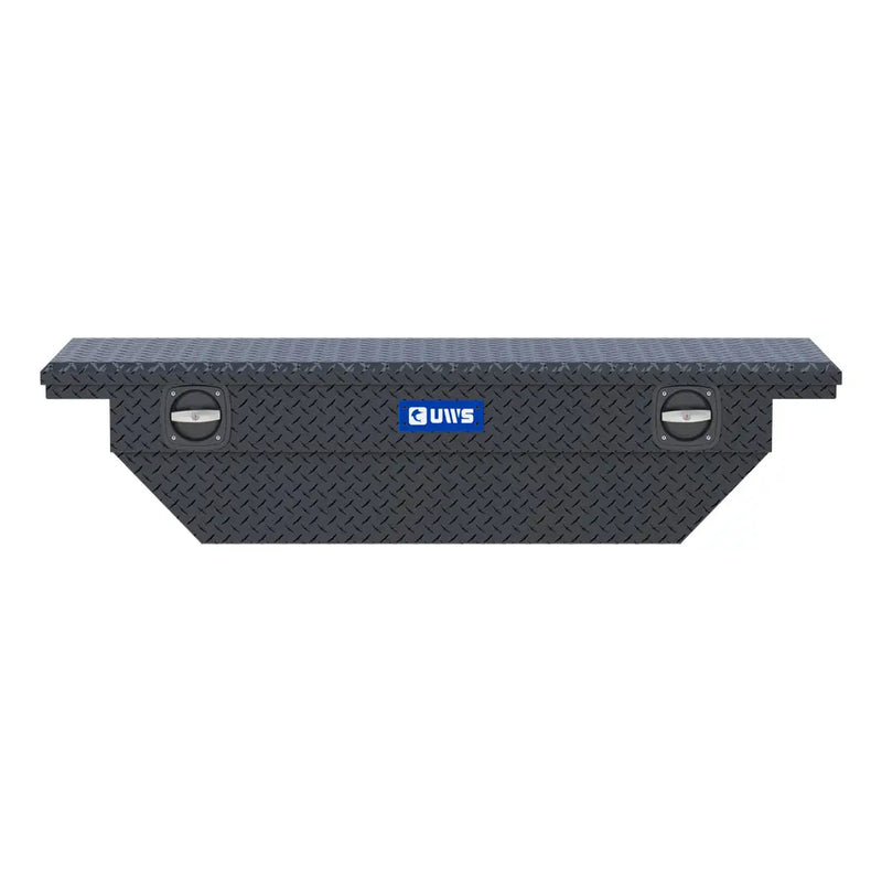 UWS 63" Secure Lock Angled Crossover Truck Tool Box, Low Profile, Matte Black, straight-on front elevation showing the handle and UWS badge