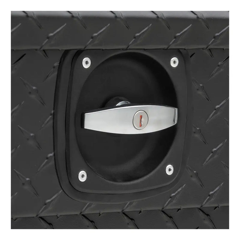 Close detail of the recessed Secure Lock twist handle and key lock on the UWS 63" Secure Lock Angled Crossover Truck Tool Box, Low Profile, Matte Black