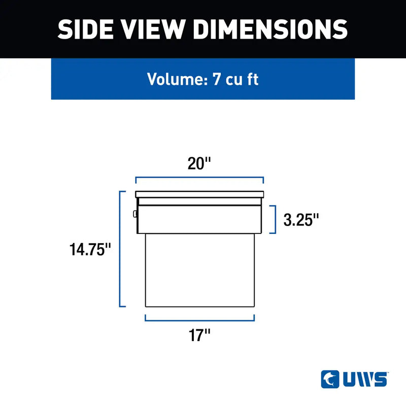 UWS 63" Secure Lock Angled Crossover Truck Tool Box, Low Profile, Matte Black side-view dimension drawing with measurements and volume callout