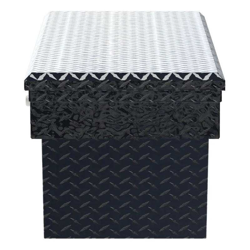 UWS 69" Secure Lock Deep Angled Crossover Truck Tool Box, Low Profile, Gloss Black, end-on elevation showing the depth of the body and the lid edge