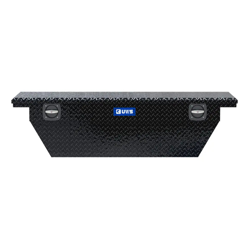 UWS 69" Secure Lock Deep Angled Crossover Truck Tool Box, Low Profile, Gloss Black, straight-on front elevation showing the handle and UWS badge