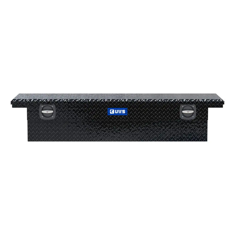 UWS 72" Secure Lock Crossover Truck Tool Box, Low Profile, Gloss Black, straight-on front elevation showing the handle and UWS badge