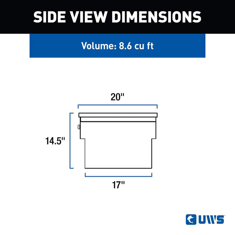 UWS 72" Secure Lock Crossover Truck Tool Box, Low Profile, Gloss Black side-view dimension drawing with measurements and volume callout