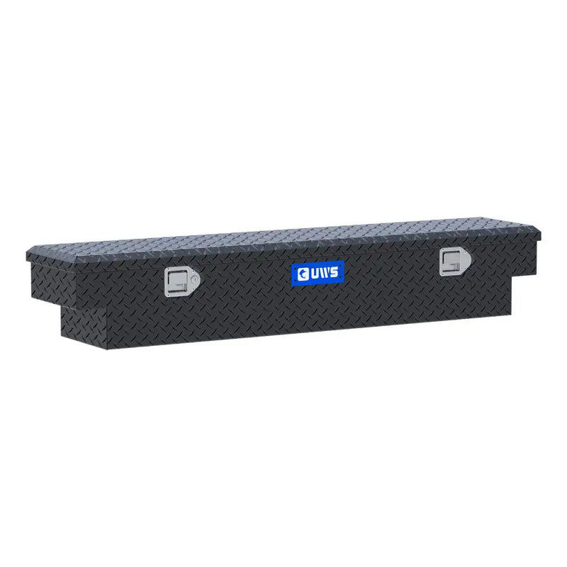 UWS 59" UTV Crossbed Tool Box in matte black, front three-quarter studio view with the lid closed