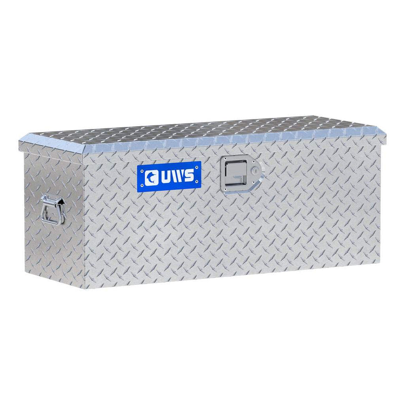 UWS 32" ATV Tool Box in bright aluminum, front three-quarter studio view with the lid closed