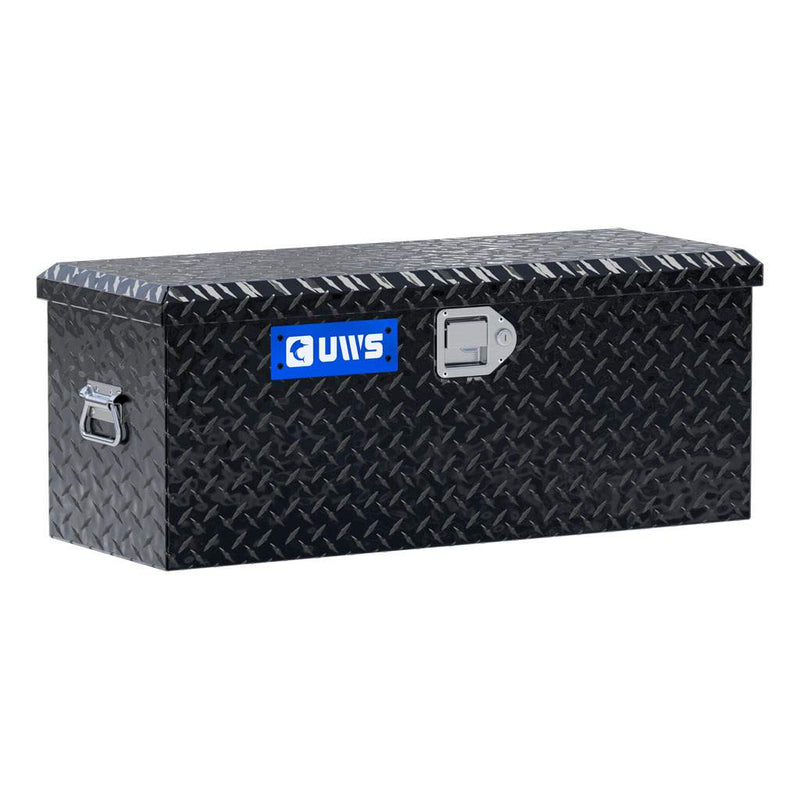 UWS 32" ATV Tool Box in gloss black, front three-quarter studio view with the lid closed