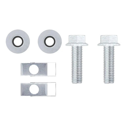UWS 003-CBOXMK chest box mounting kit laid out on white, showing two flange-head bolts, two clamp brackets and two cushioned washers