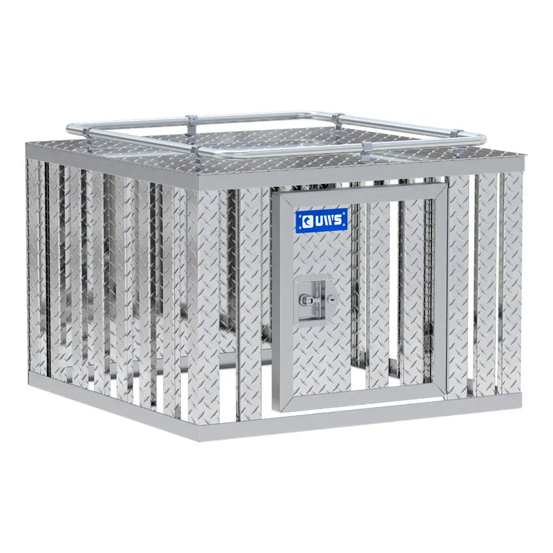 UWS 36" x 36" Single-Door Dog Box in bright aluminum, front three-quarter studio view with the lid closed
