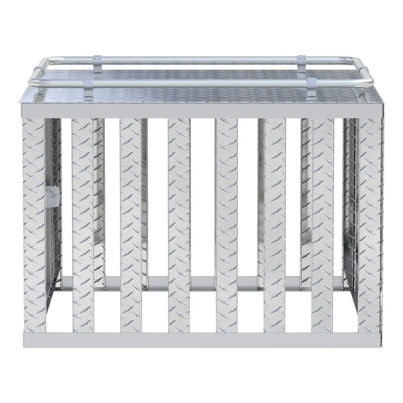 UWS 36" x 36" Single-Door Dog Box end view showing the lid overhang and the depth of the tub