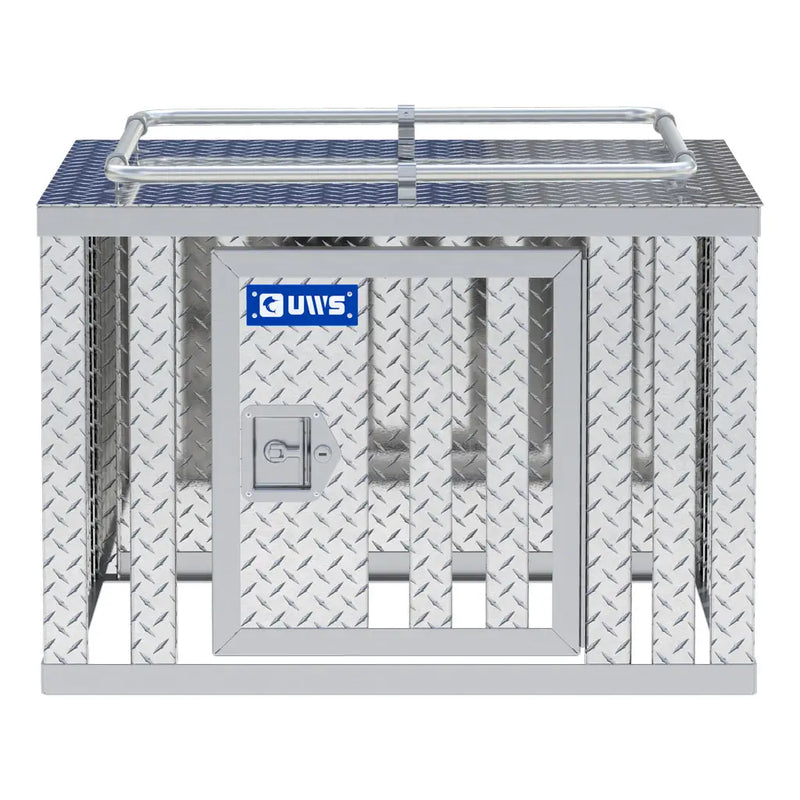 UWS 36" x 36" Single-Door Dog Box straight-on front view showing the lid seam and the locking handle