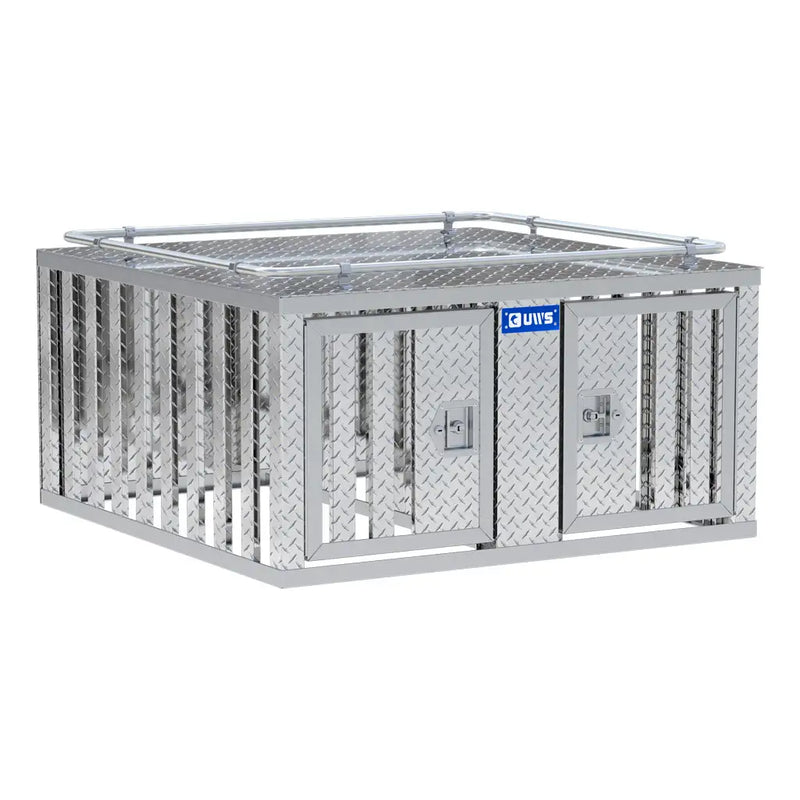 UWS 48" x 48" Double-Door Dog Box in bright aluminum, front three-quarter studio view with the lid closed
