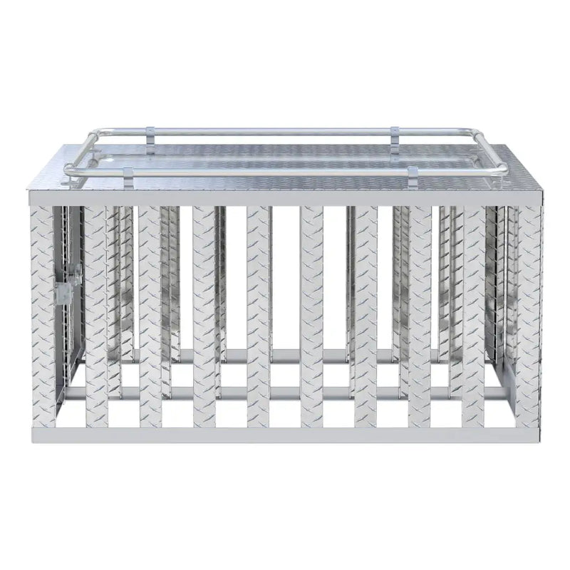 UWS 48" x 48" Double-Door Dog Box end view showing the lid overhang and the depth of the tub