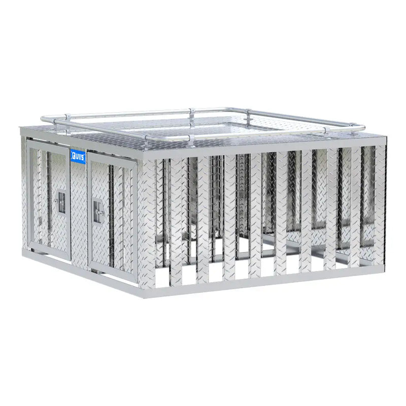 UWS 48" x 48" Double-Door Dog Box rear three-quarter view showing the back panel and tub profile